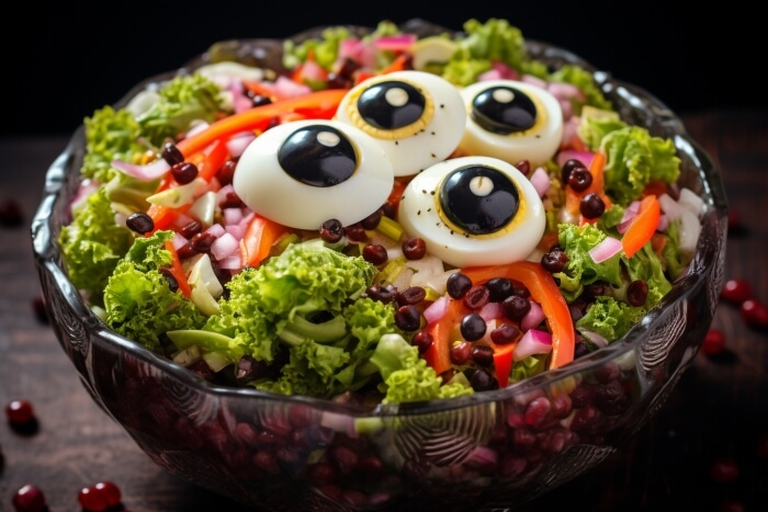 Halloween-Salat mit Eier-Augen