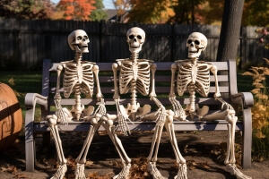 Skelett-Familie auf einer Bank